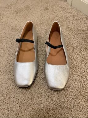 Madewell Silver Mary Jane Flats with Black Strap